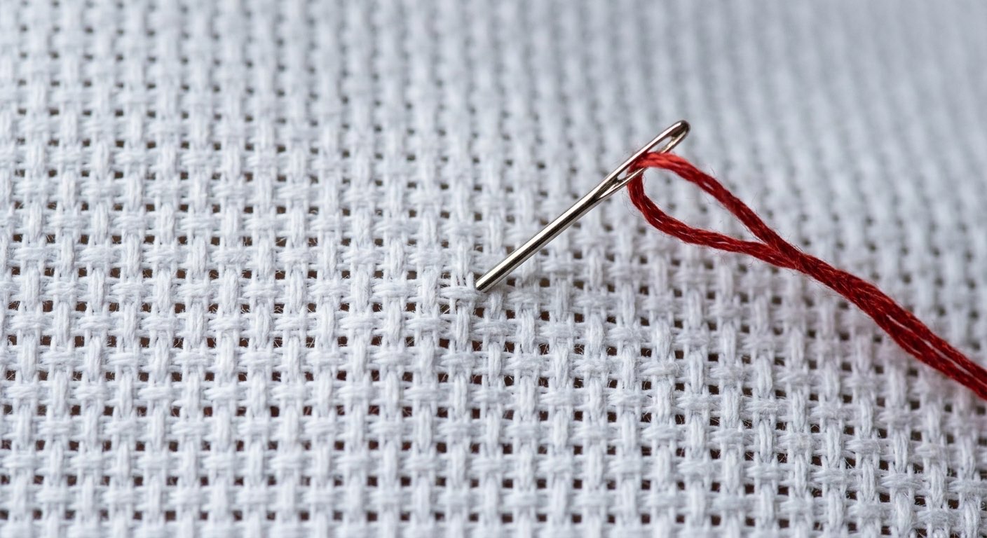 Close-up of aida fabric grid texture with needle