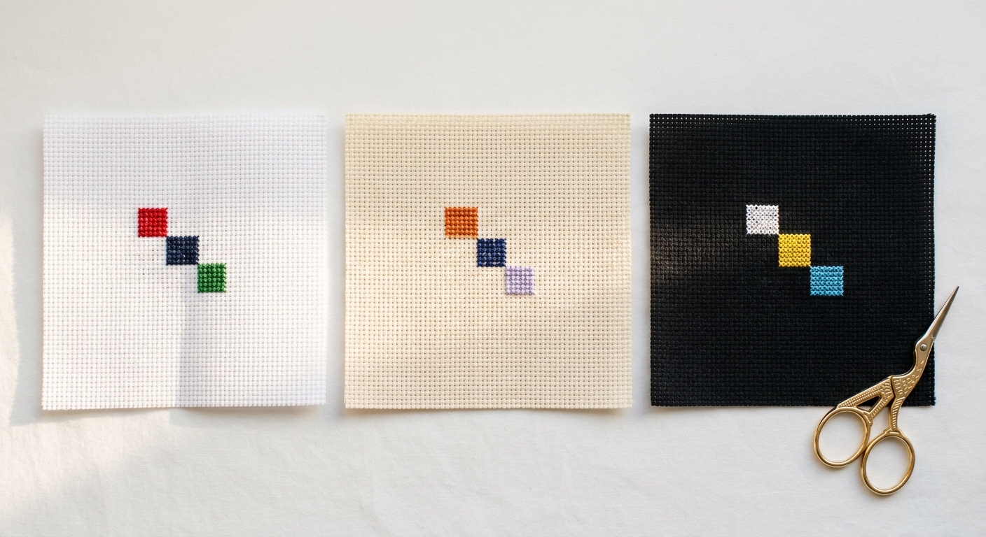 White, cream, and black Aida fabric squares with contrasting cross-stitches