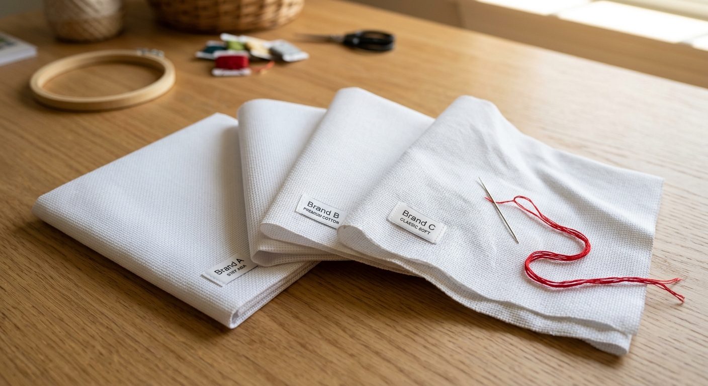Three brands of white 14-count Aida fabric showing texture differences