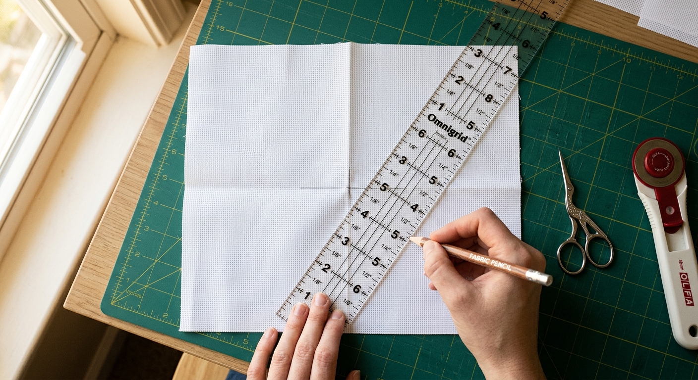 Measuring Aida fabric with a quilting ruler on a cutting mat