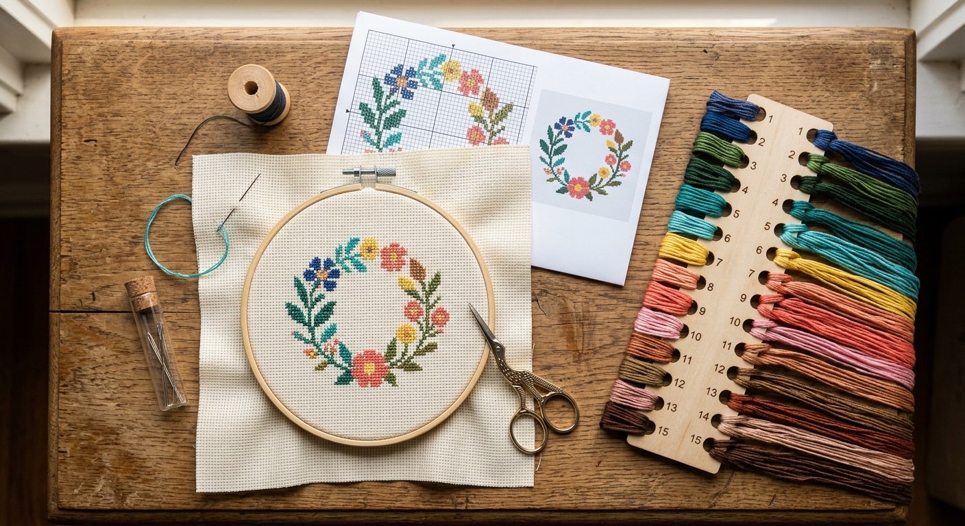 Cross-stitch starter kit contents laid out: fabric, hoop, floss, needle, and pattern