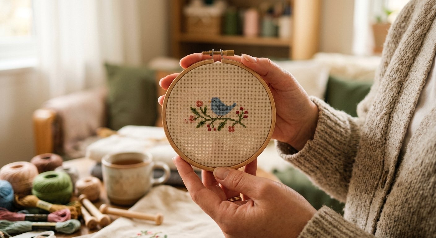 Hands holding a finished cross-stitch piece in a wooden embroidery hoop
