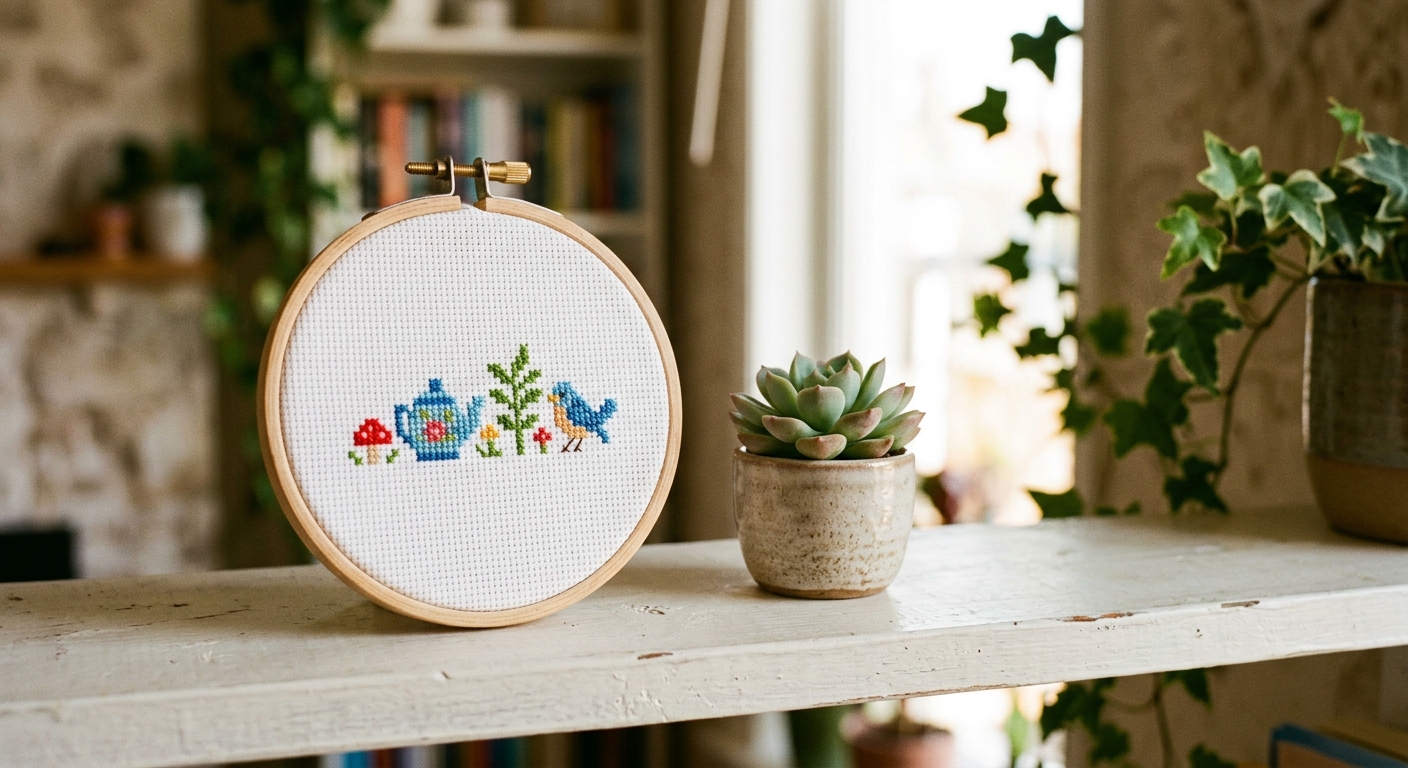 Finished mini cross-stitch in a small wooden hoop displayed on a shelf