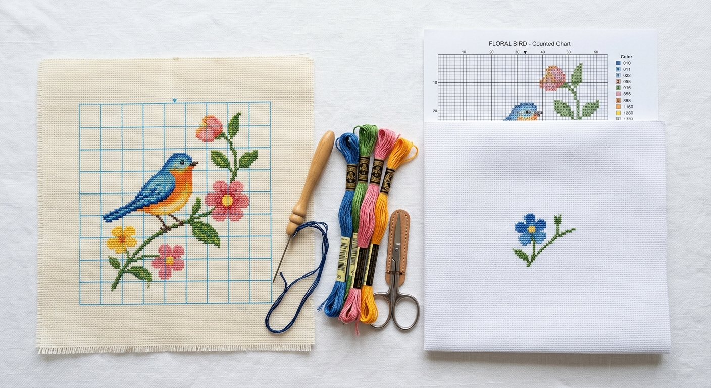 Stamped vs counted cross-stitch fabric side by side comparison