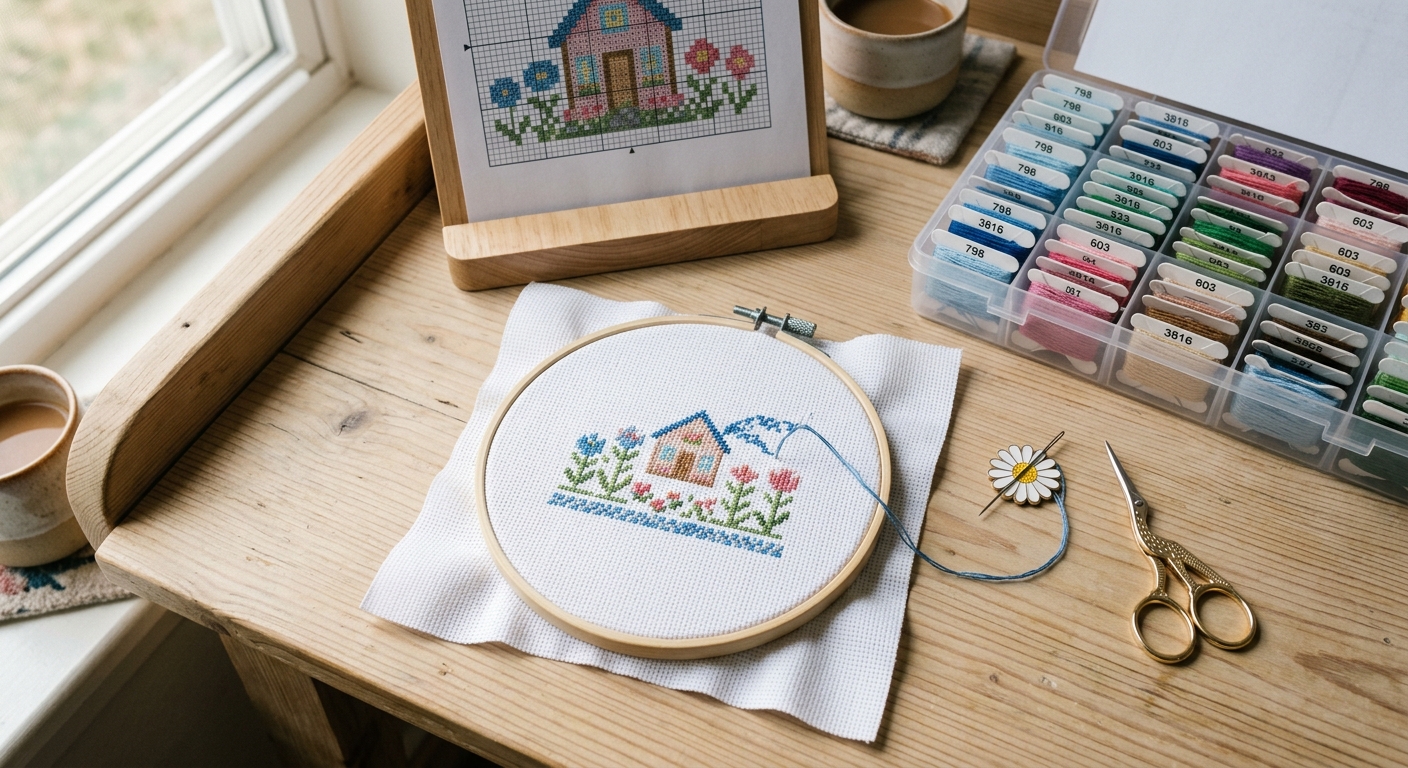 Organized beginner cross-stitch workspace with hoop, pattern, and sorted floss