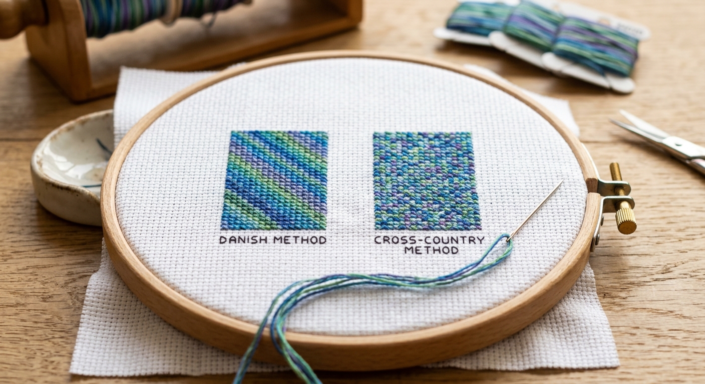 Cross-stitch samples comparing Danish method vs cross-country with variegated thread