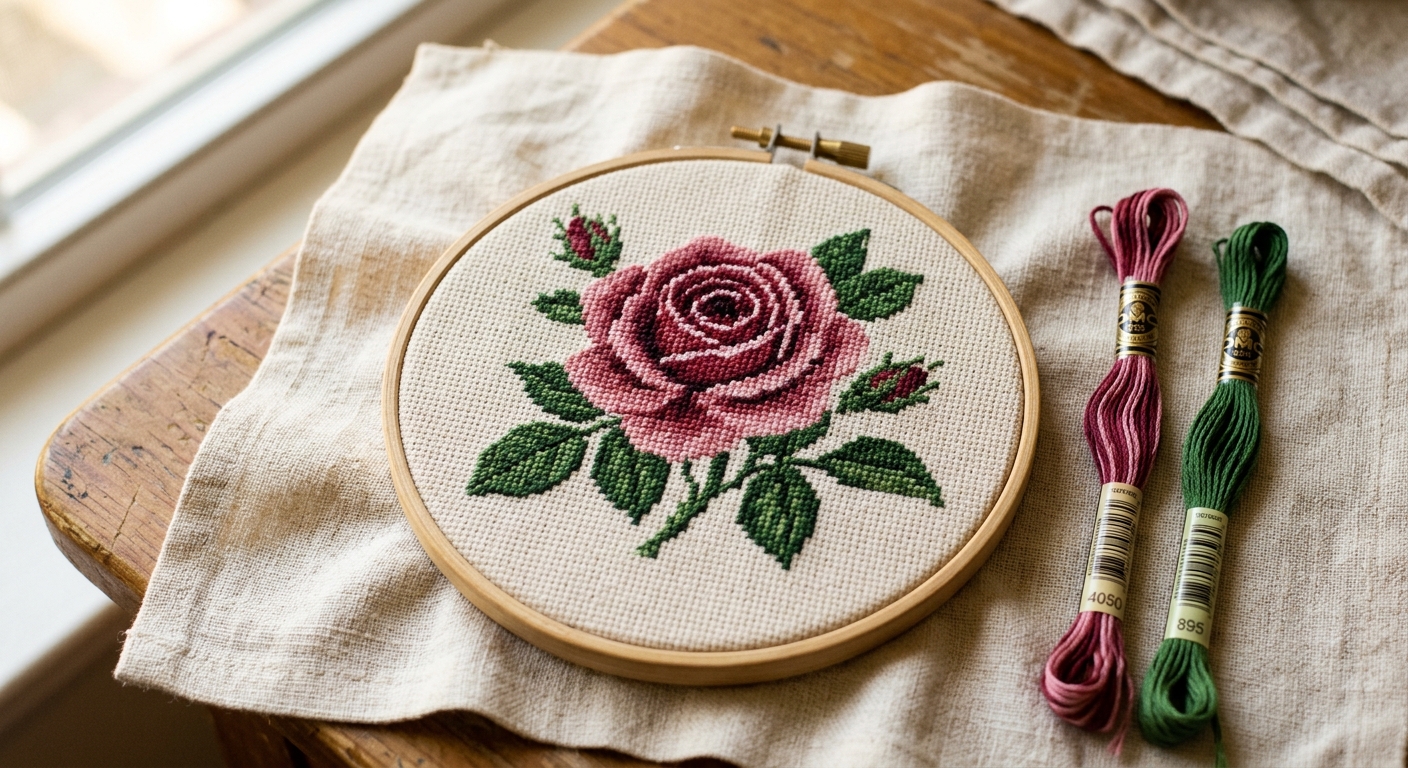 Completed cross-stitch rose using variegated thread with solid green leaves