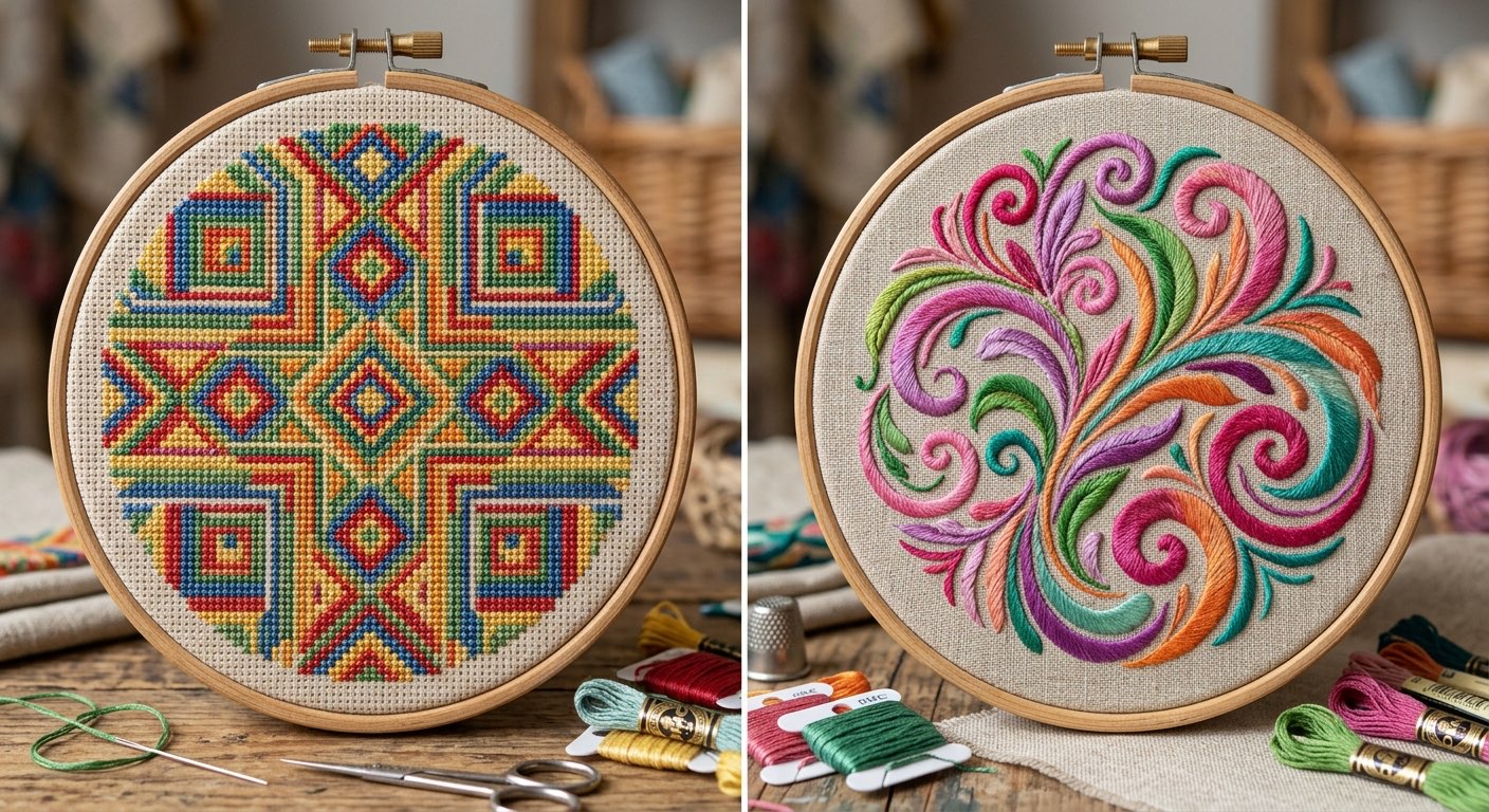 Cross-stitch and embroidery side by side in hoops