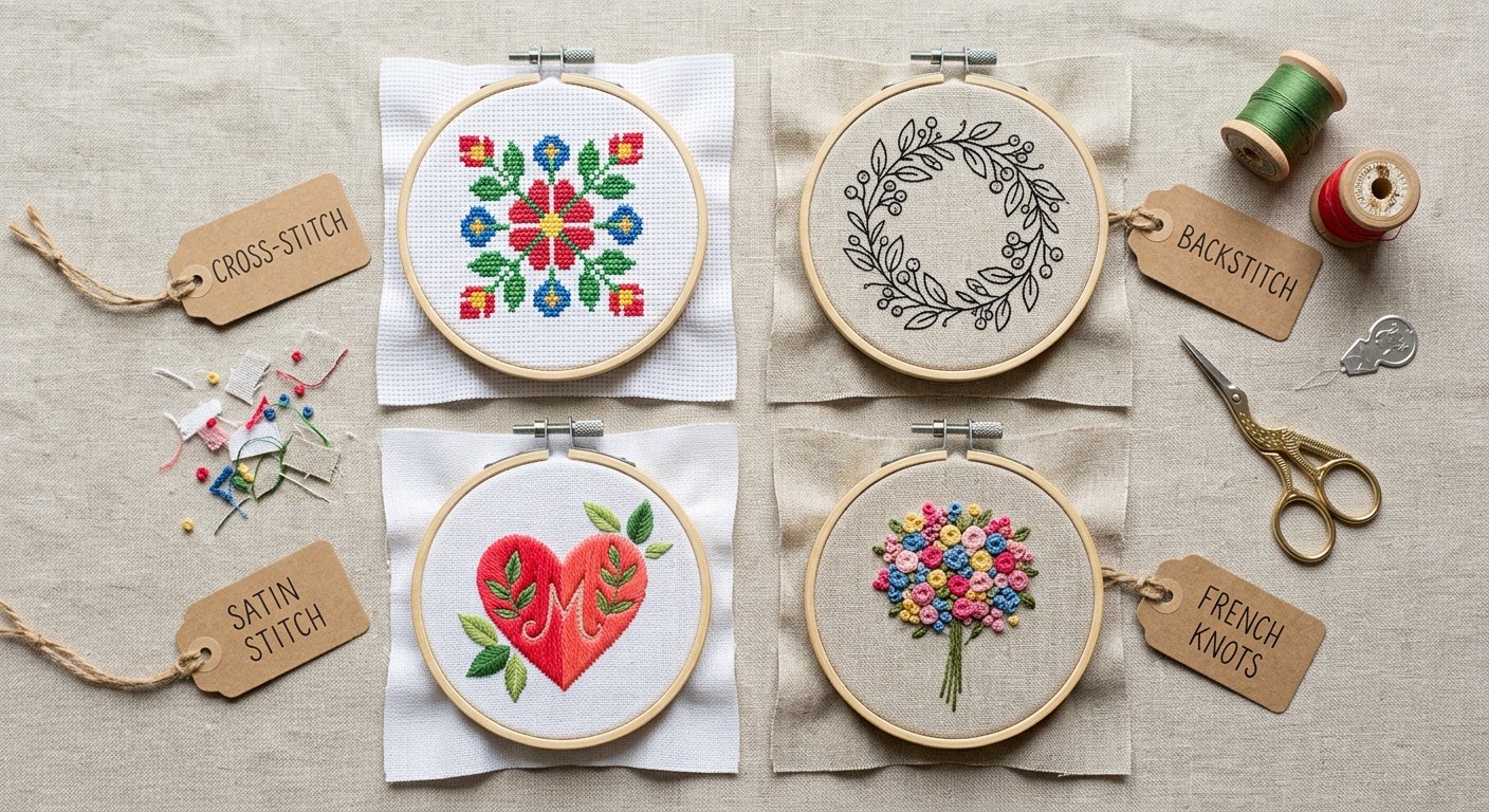 Different embroidery technique samples