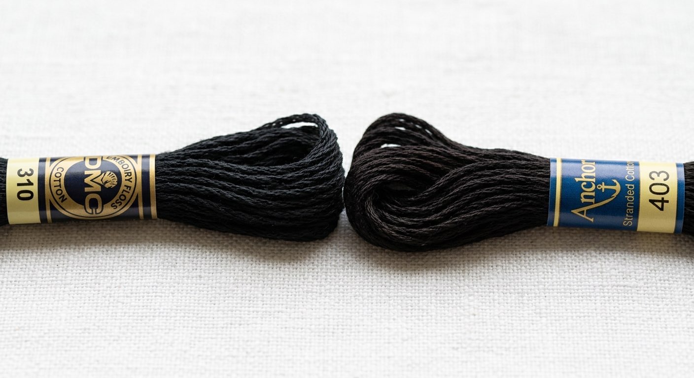 DMC and Anchor floss skeins side by side