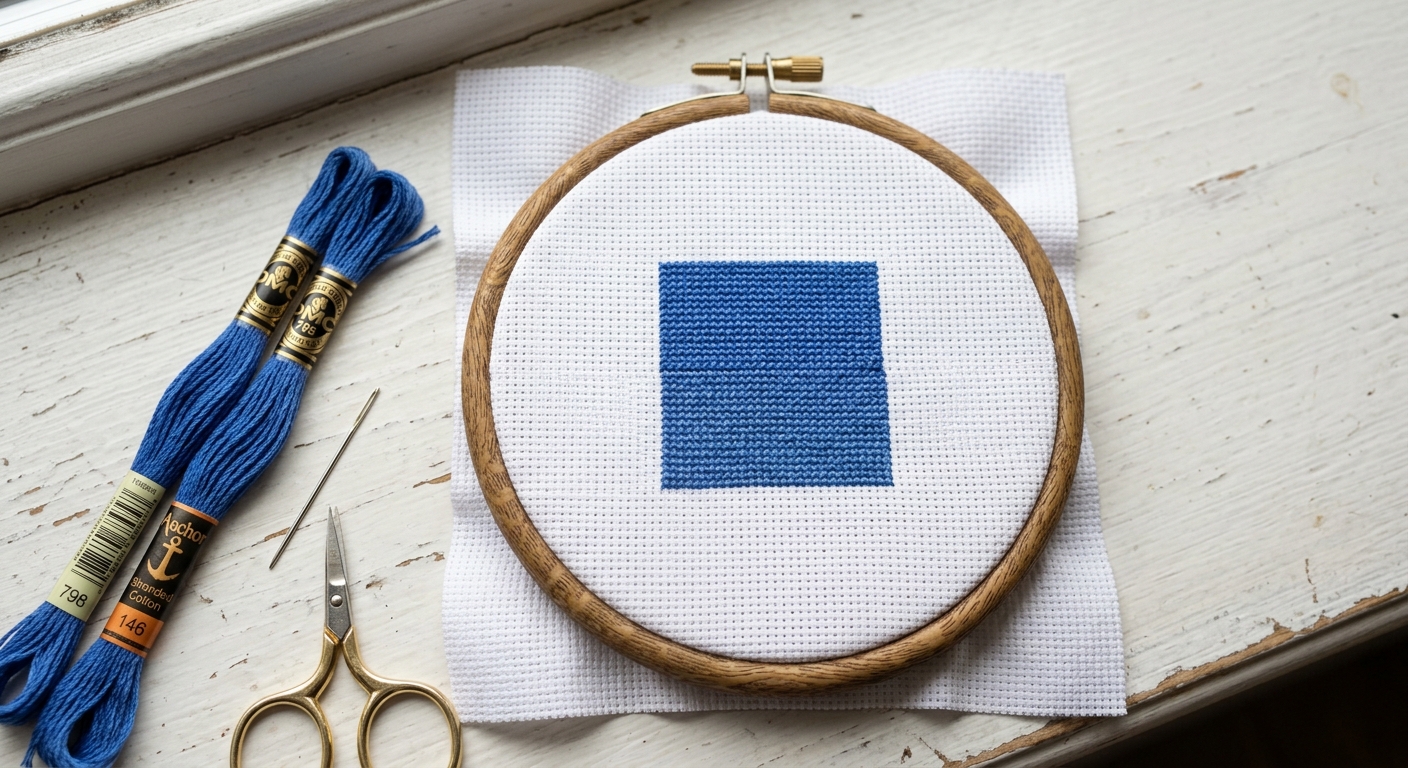 Cross-stitch sample mixing DMC and Anchor threads showing subtle tonal difference