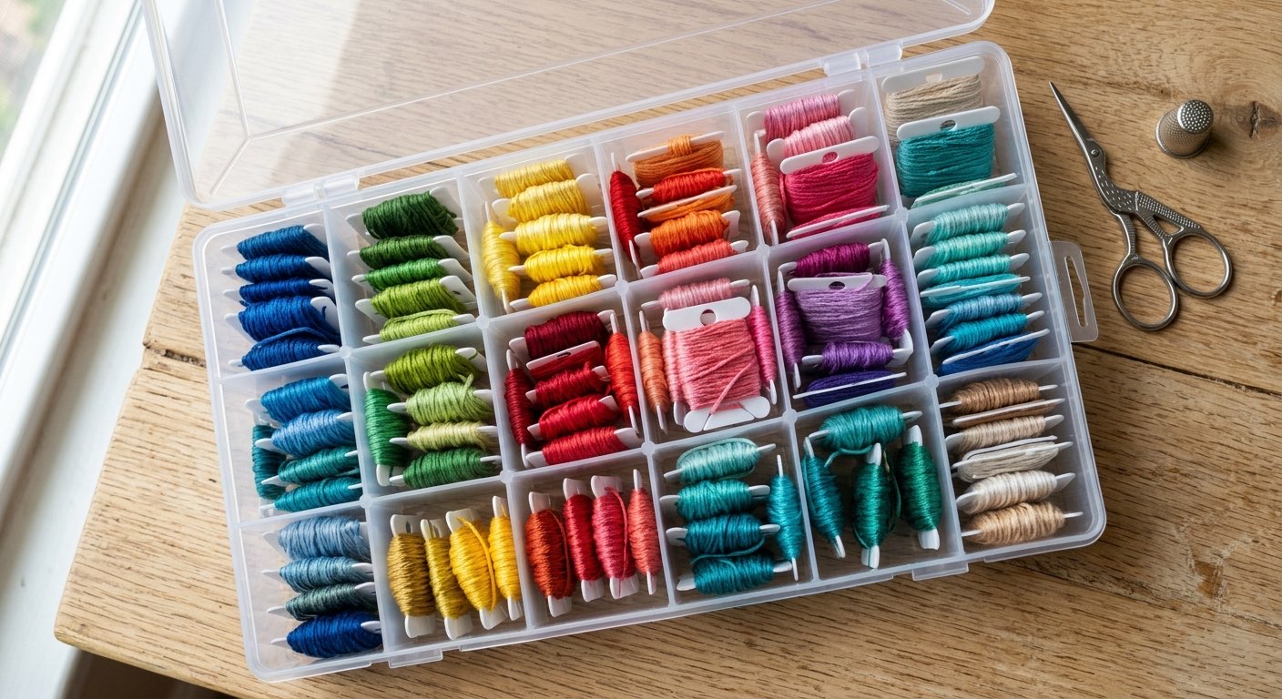 Bobbin cards with colorful floss organized in a tackle box