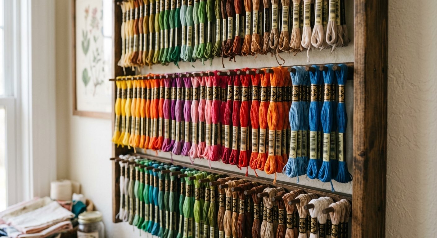 Thread rack displaying sorted DMC floss skeins by color