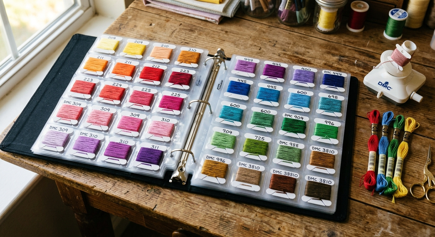 Three-ring binder with floss wound on labeled bobbins in clear sleeve pages