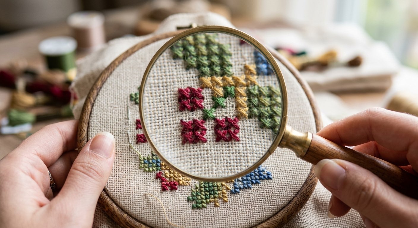 Magnifying glass showing cross-stitch detail
