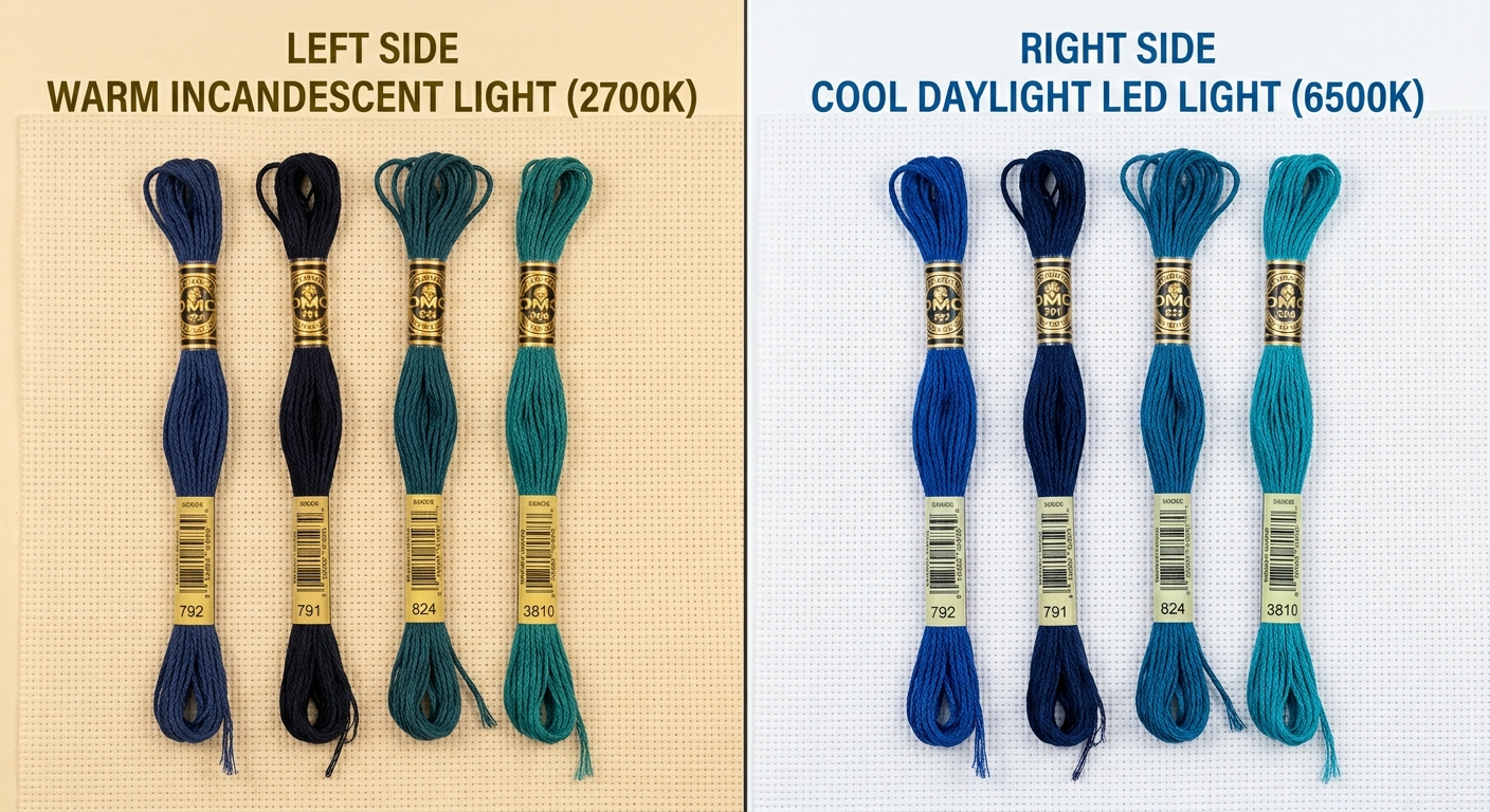 Thread color comparison under warm incandescent vs cool daylight LED lighting
