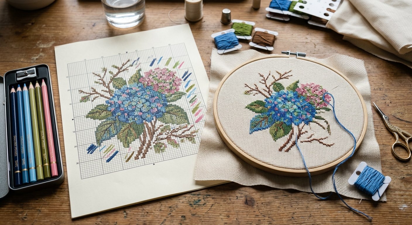 Cross-stitch pattern chart with matching work in progress
