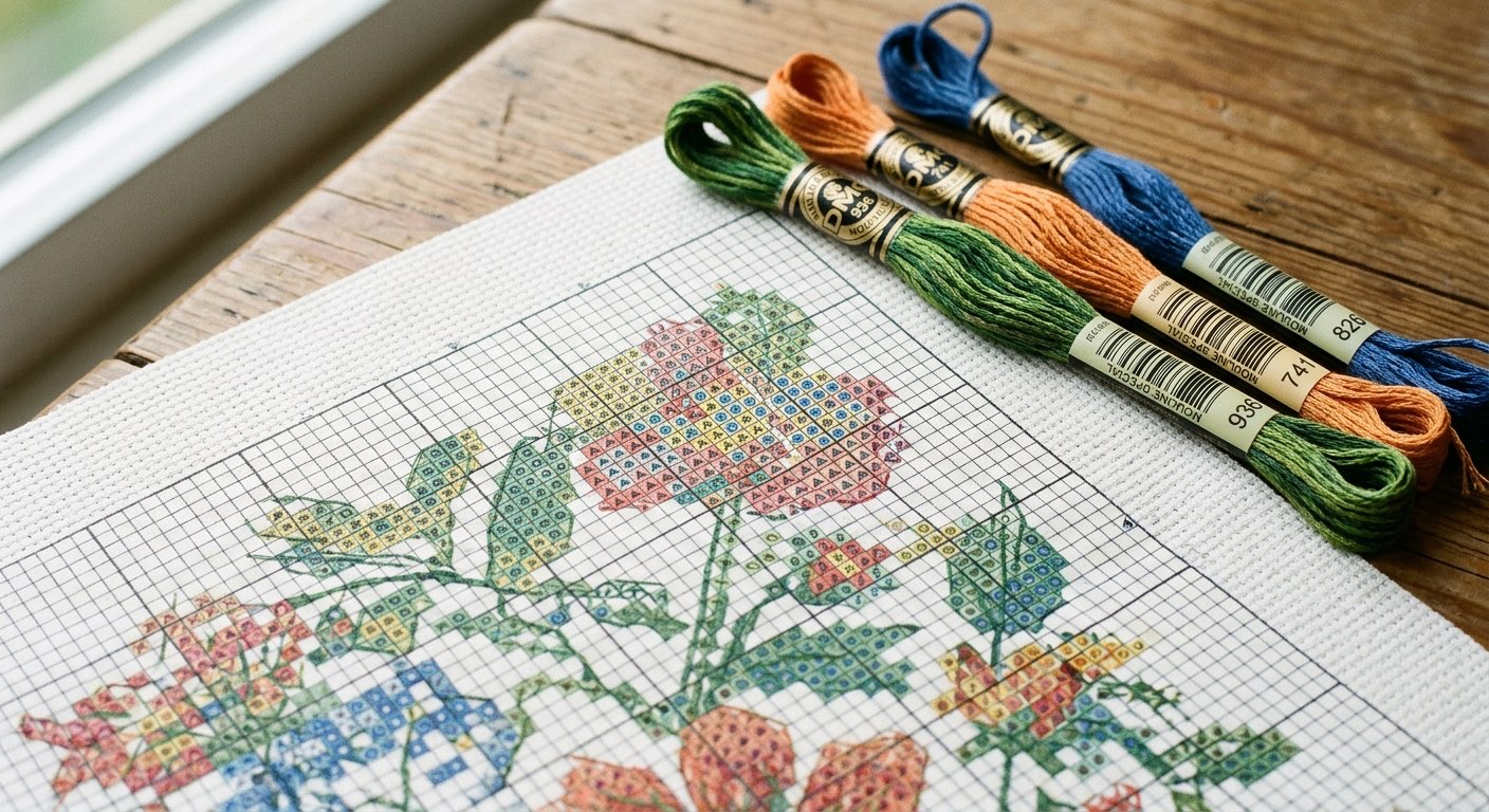 Cross-stitch pattern grid with DMC floss skeins