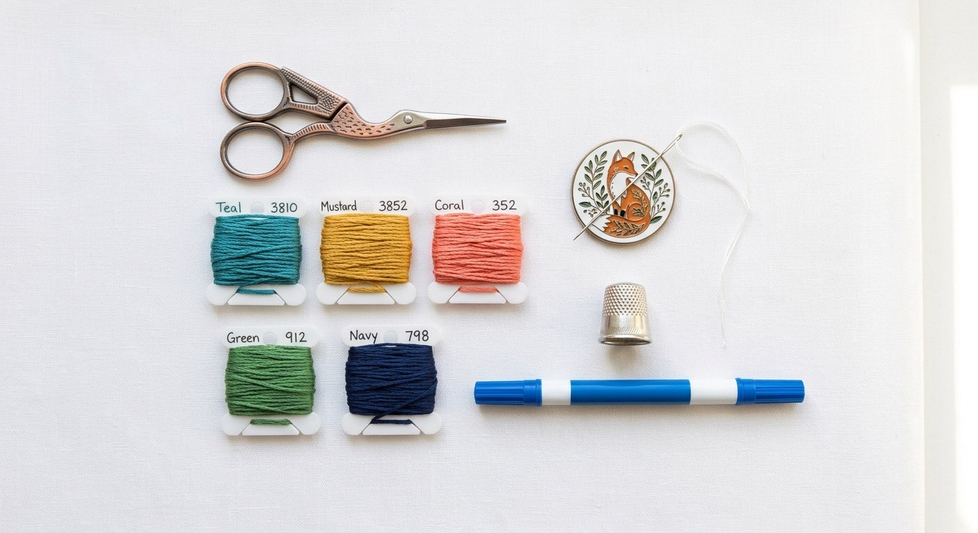 Essential cross-stitch supplies arranged neatly