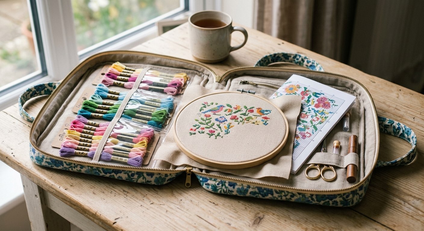 Portable cross-stitch project bag with supplies