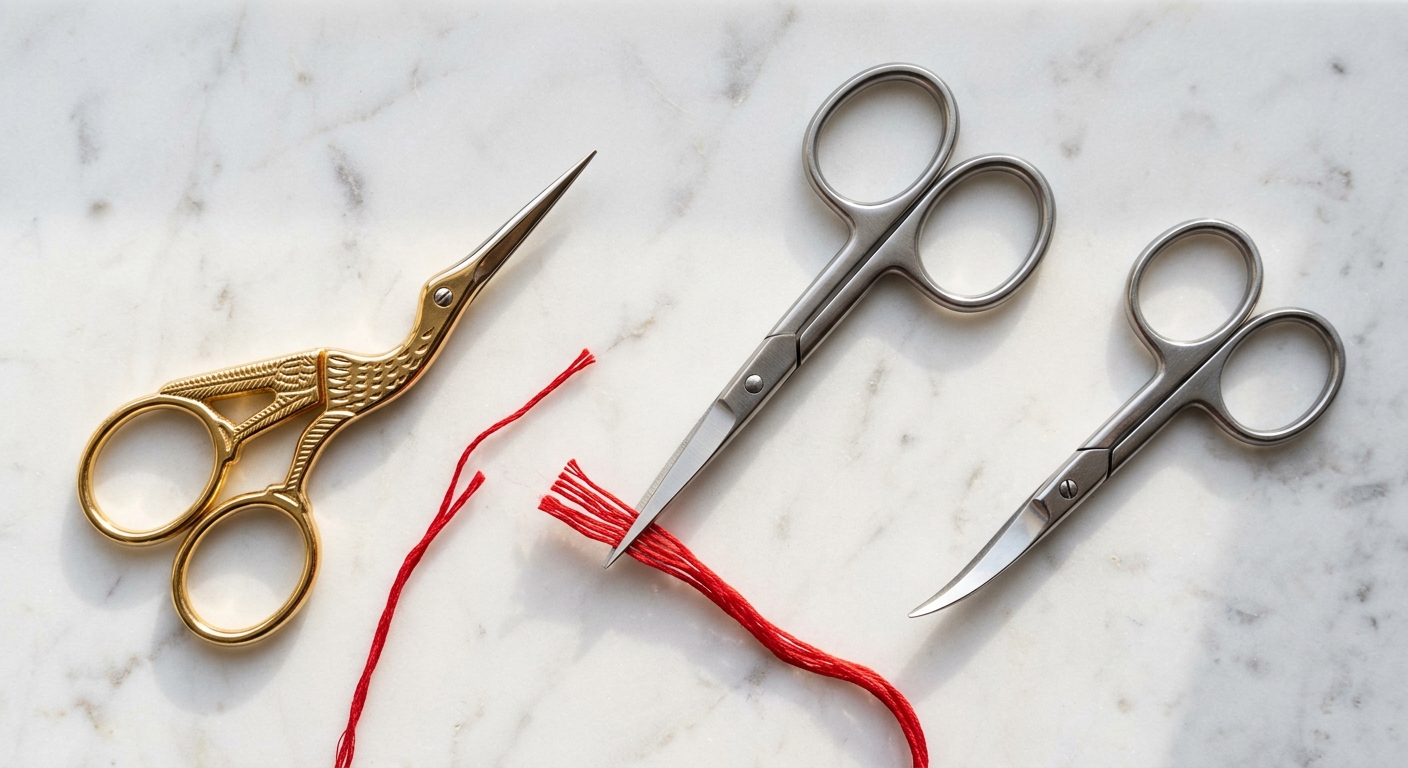 Three styles of embroidery scissors: stork, fine-tipped, and curved