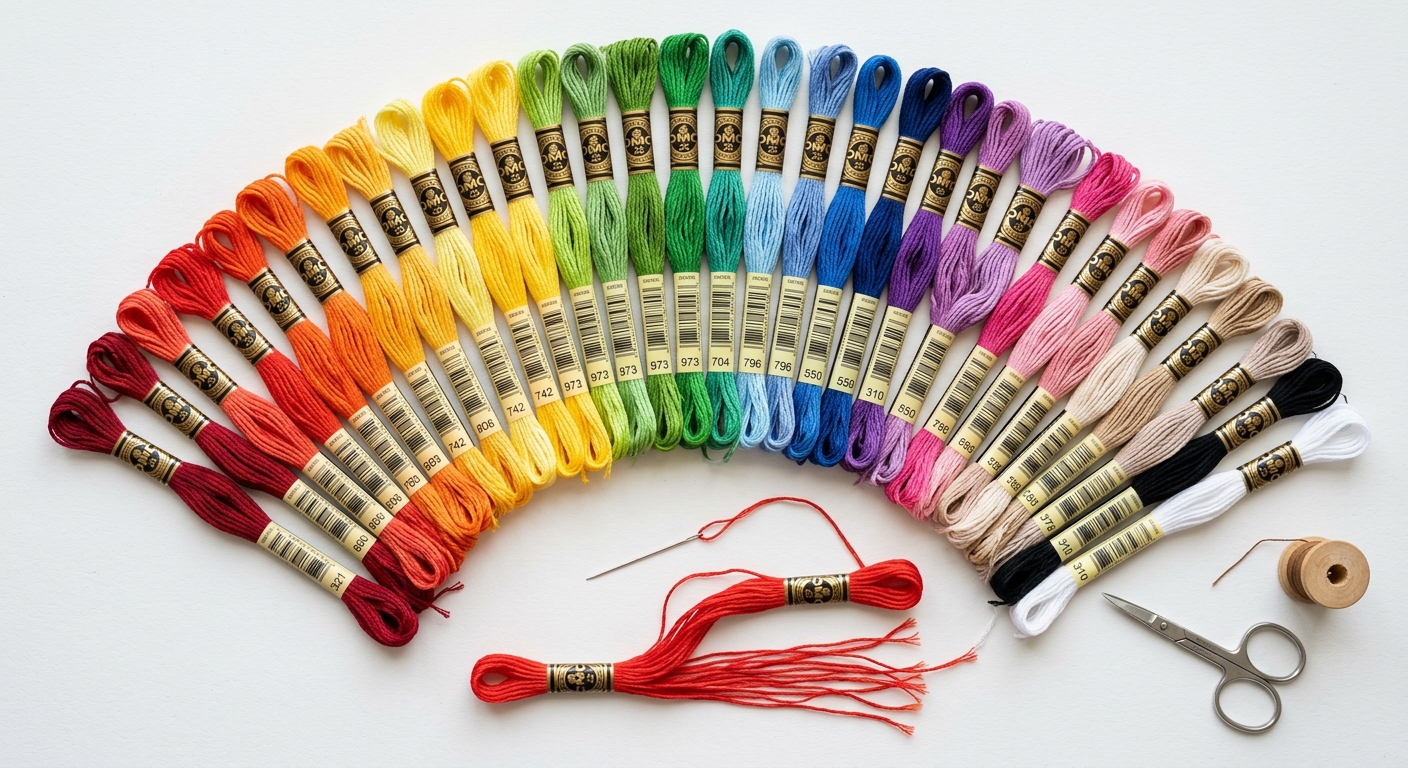 DMC embroidery floss starter set arranged in rainbow gradient