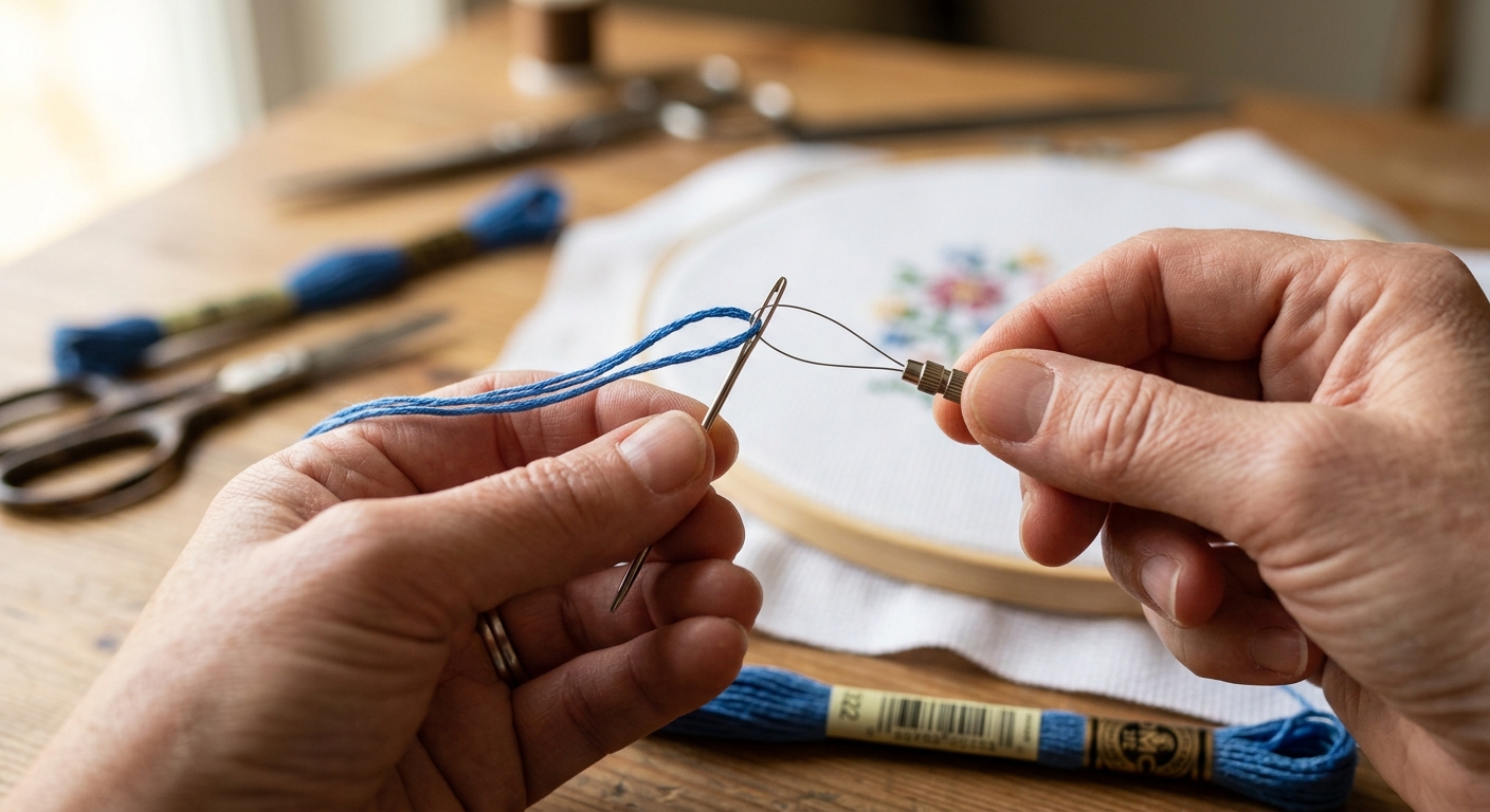 Threading a tapestry needle with a wire loop needle threader