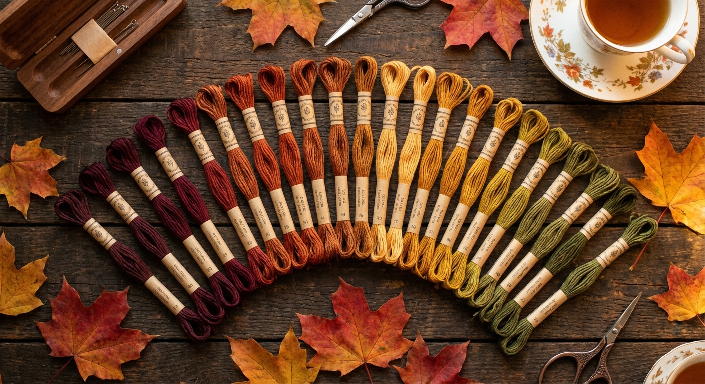 DMC autumn thread palette showing burnt oranges, harvest golds, and earthy browns