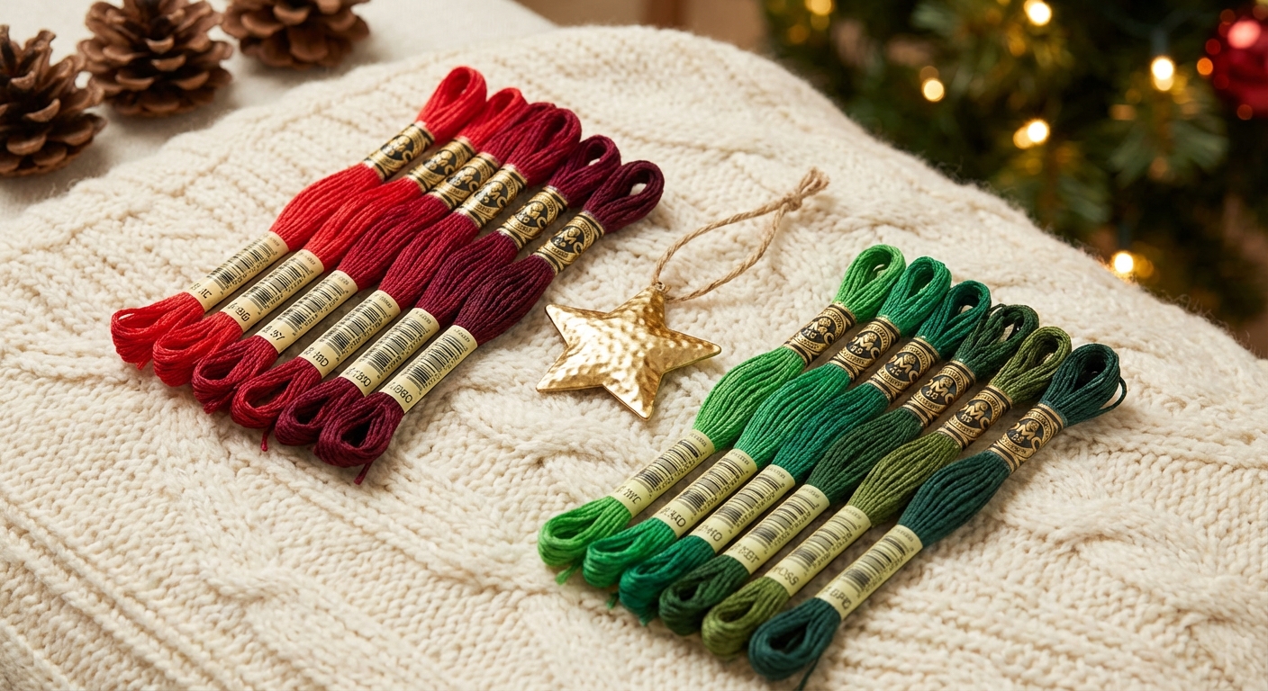 DMC Christmas red and green thread colors for festive cross-stitch projects