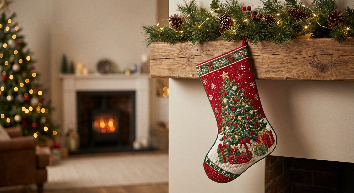 Finished Christmas cross-stitch stocking with traditional holiday colors