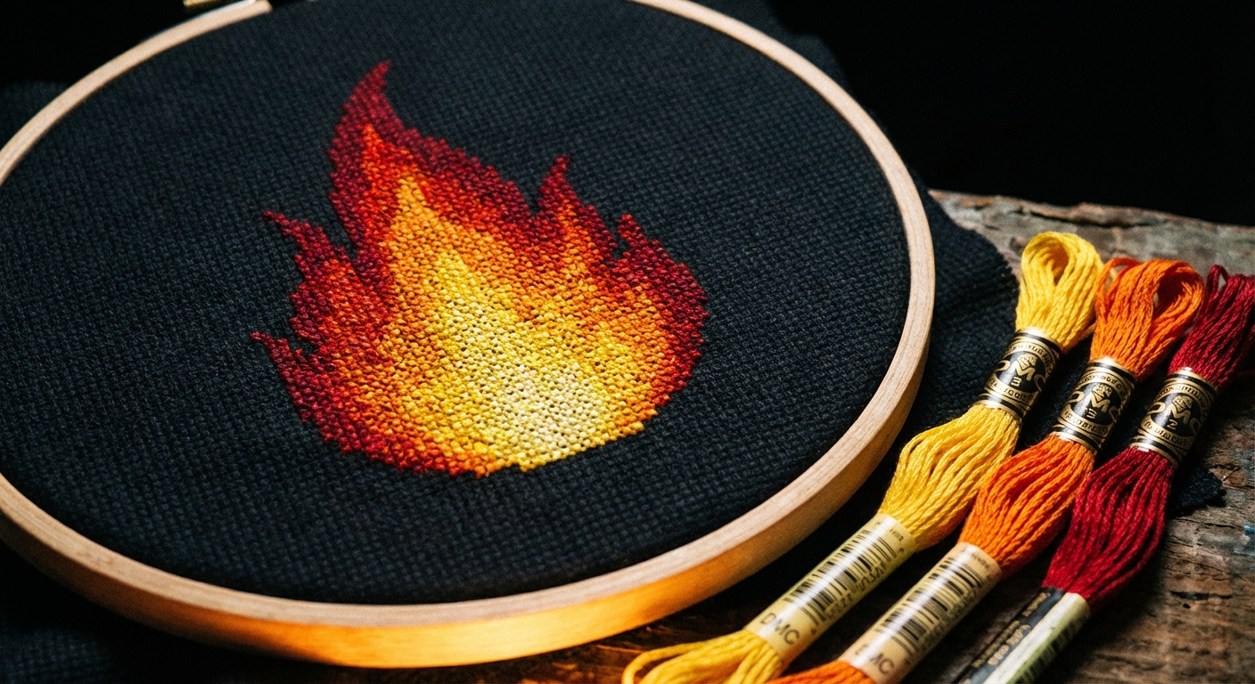 Cross-stitch dragon fire gradient worked in DMC orange, yellow, and red thread