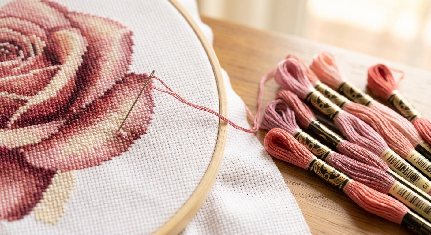 Cross-stitch roses showing layered DMC dusty rose petal gradient