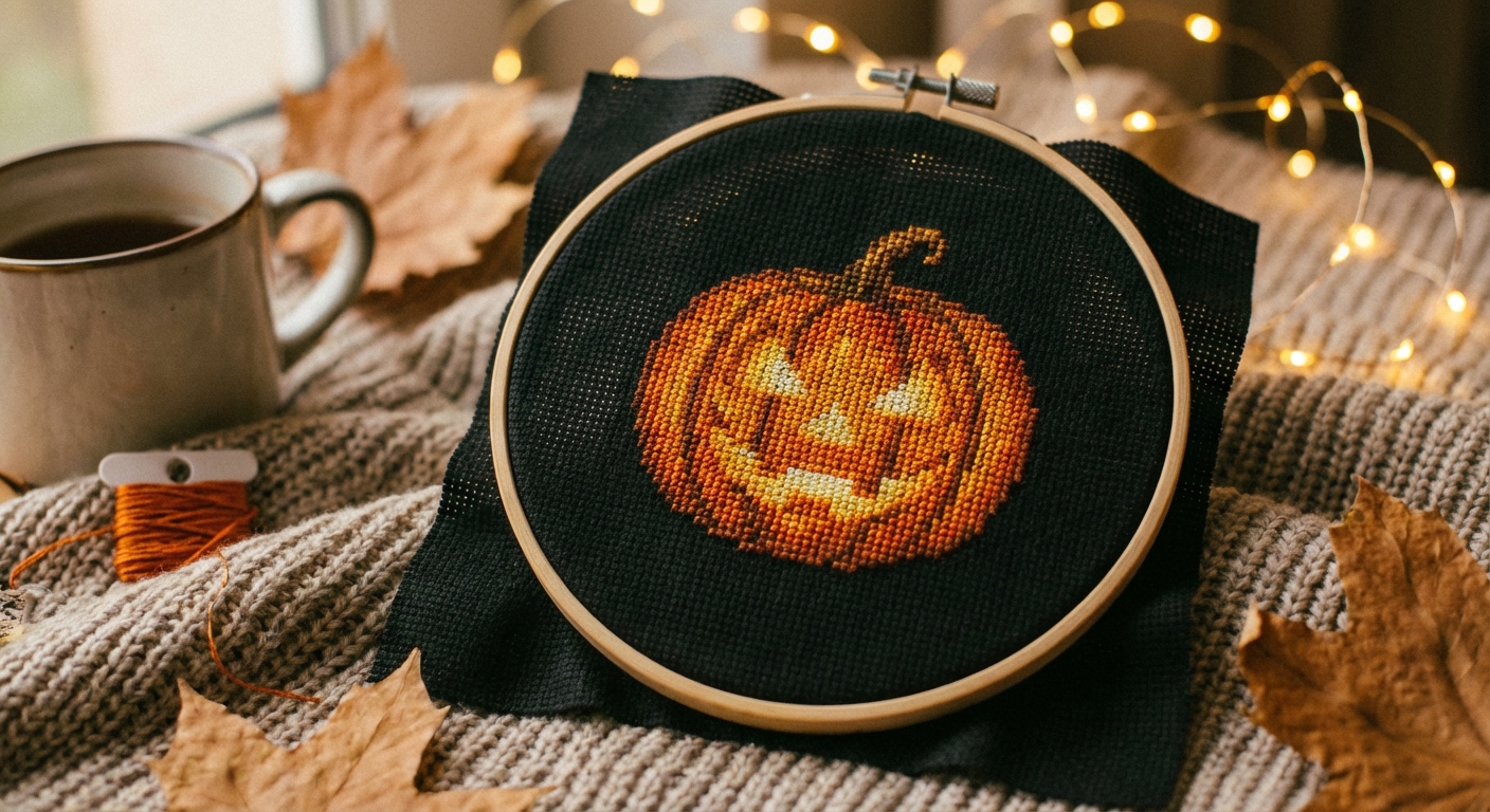 Finished cross-stitch jack-o-lantern pumpkin worked in DMC burnt orange gradient