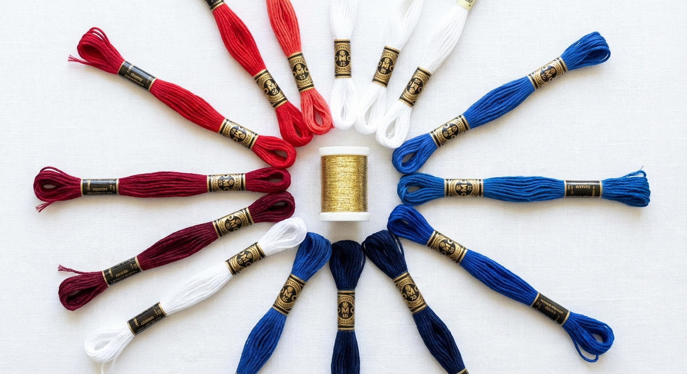 DMC patriotic thread palette showing flag reds, royal blues, and star whites