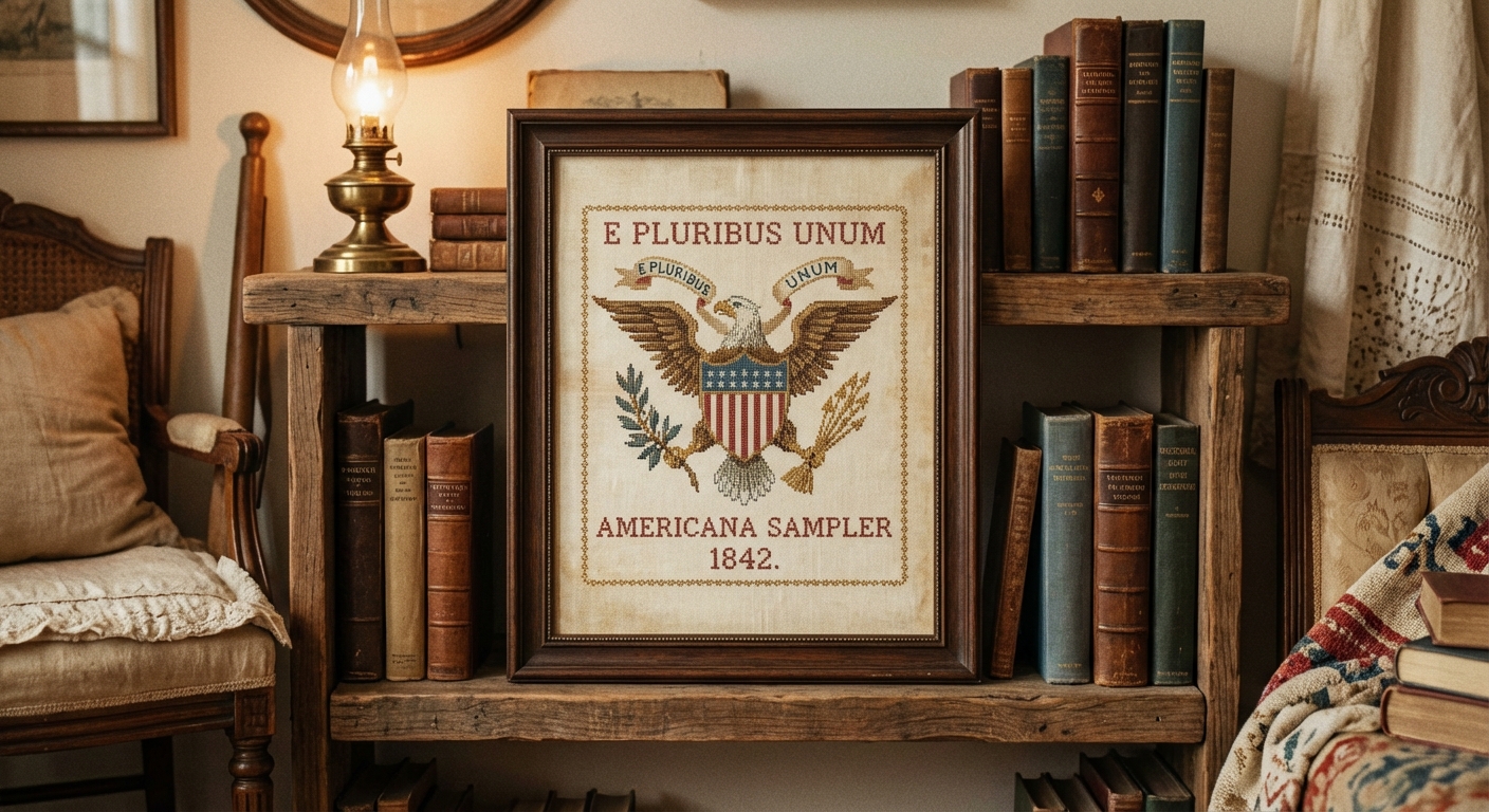 Vintage Americana cross-stitch sampler worked in antique blues and terra cotta reds
