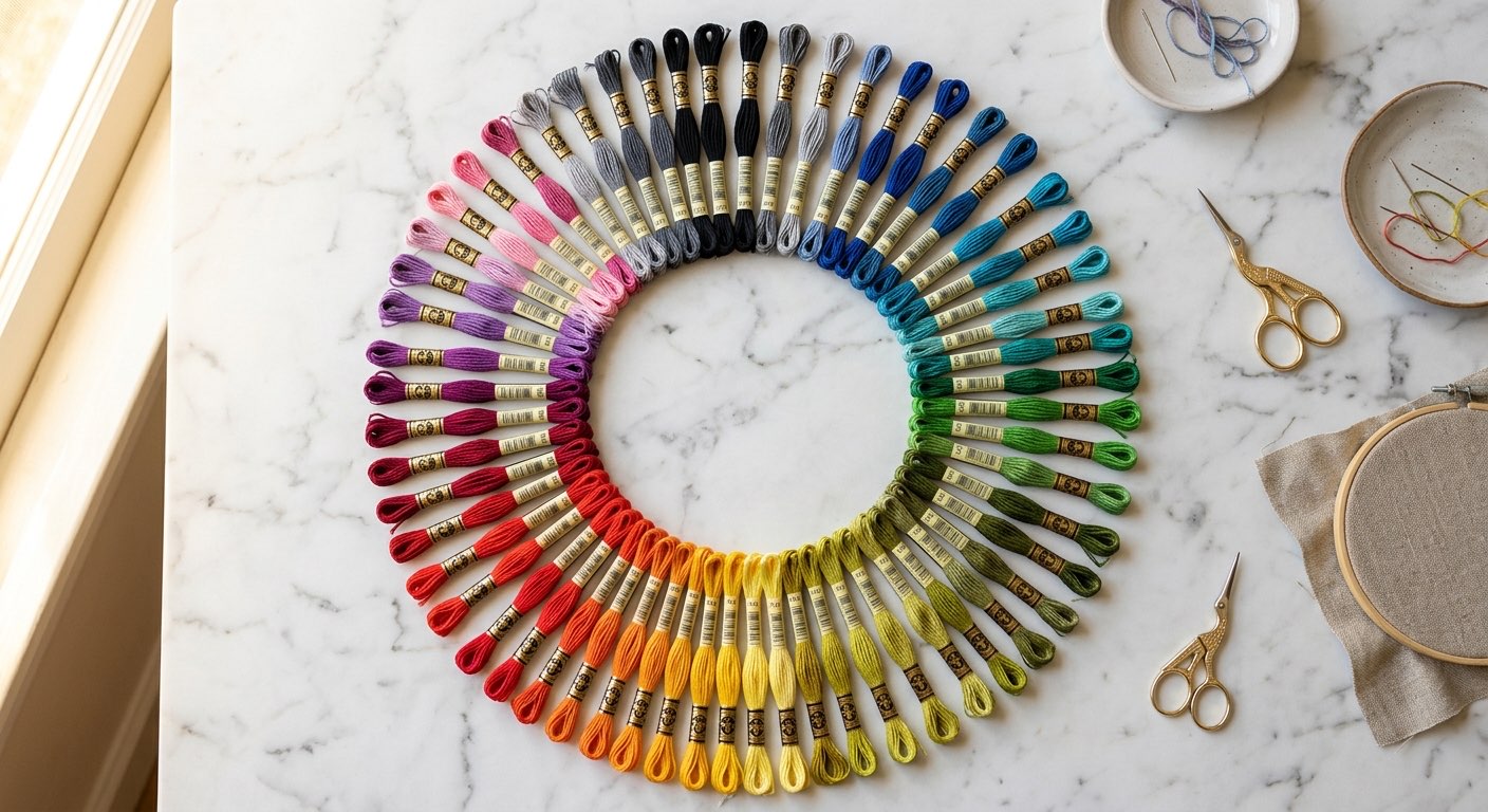 Most popular DMC embroidery floss colors arranged in a gradient