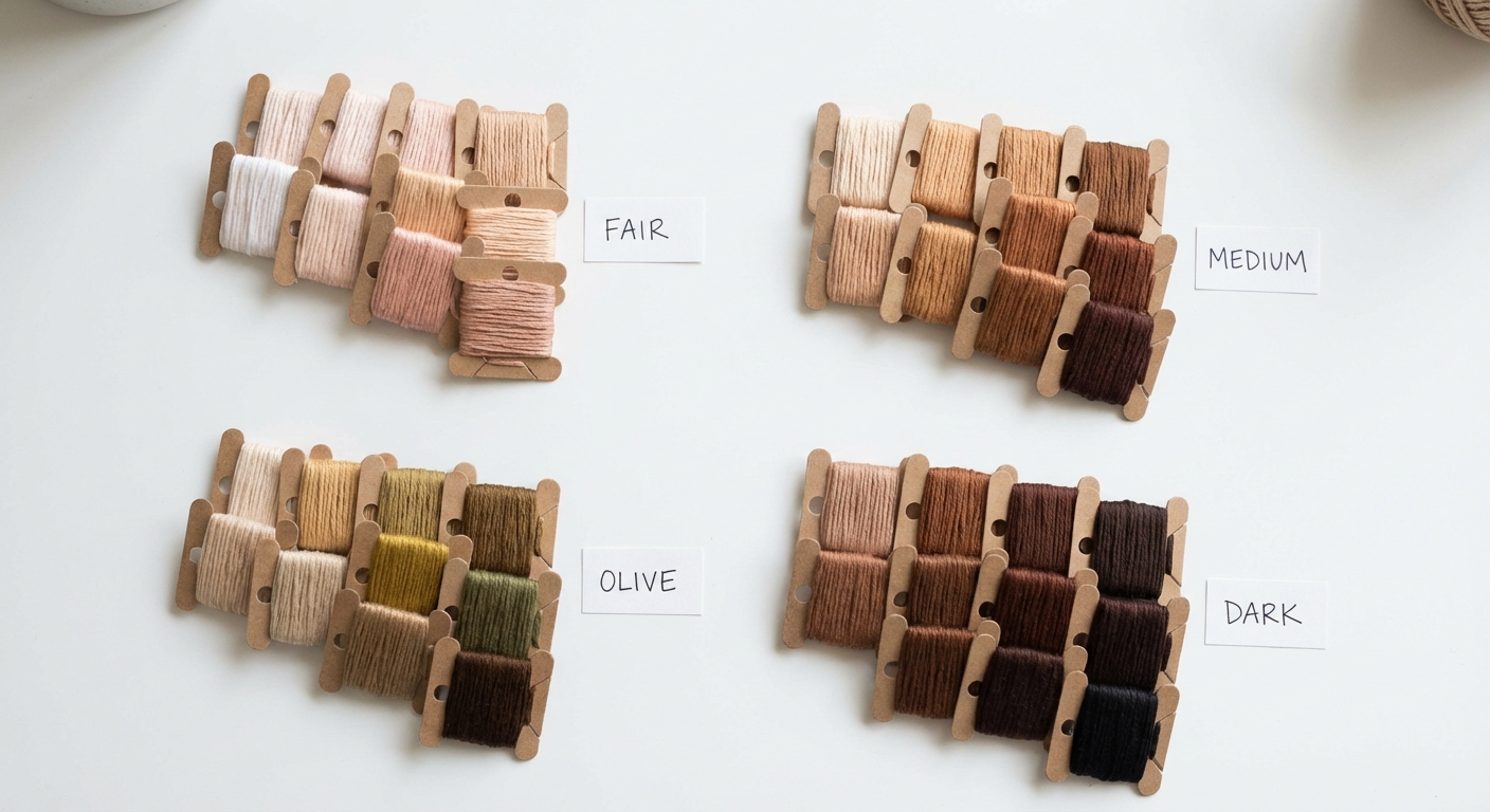 DMC skin tone thread palette arranged from fair to deep complexions