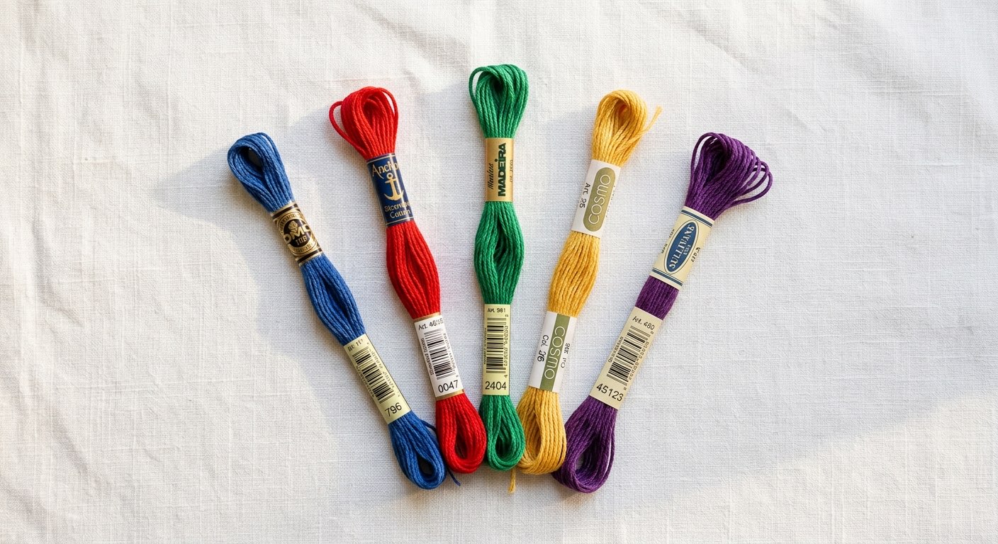Different embroidery floss brands arranged for comparison