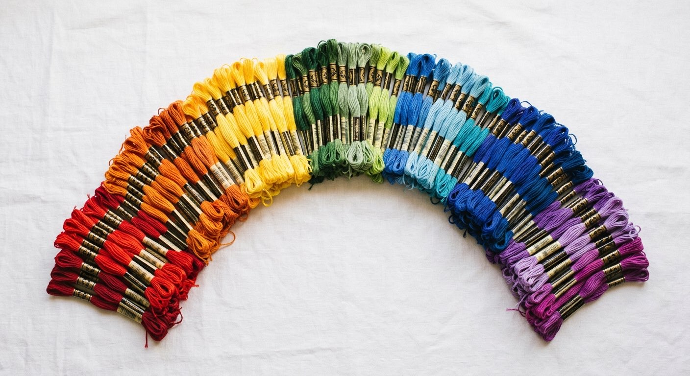 Embroidery floss skeins sorted into color families