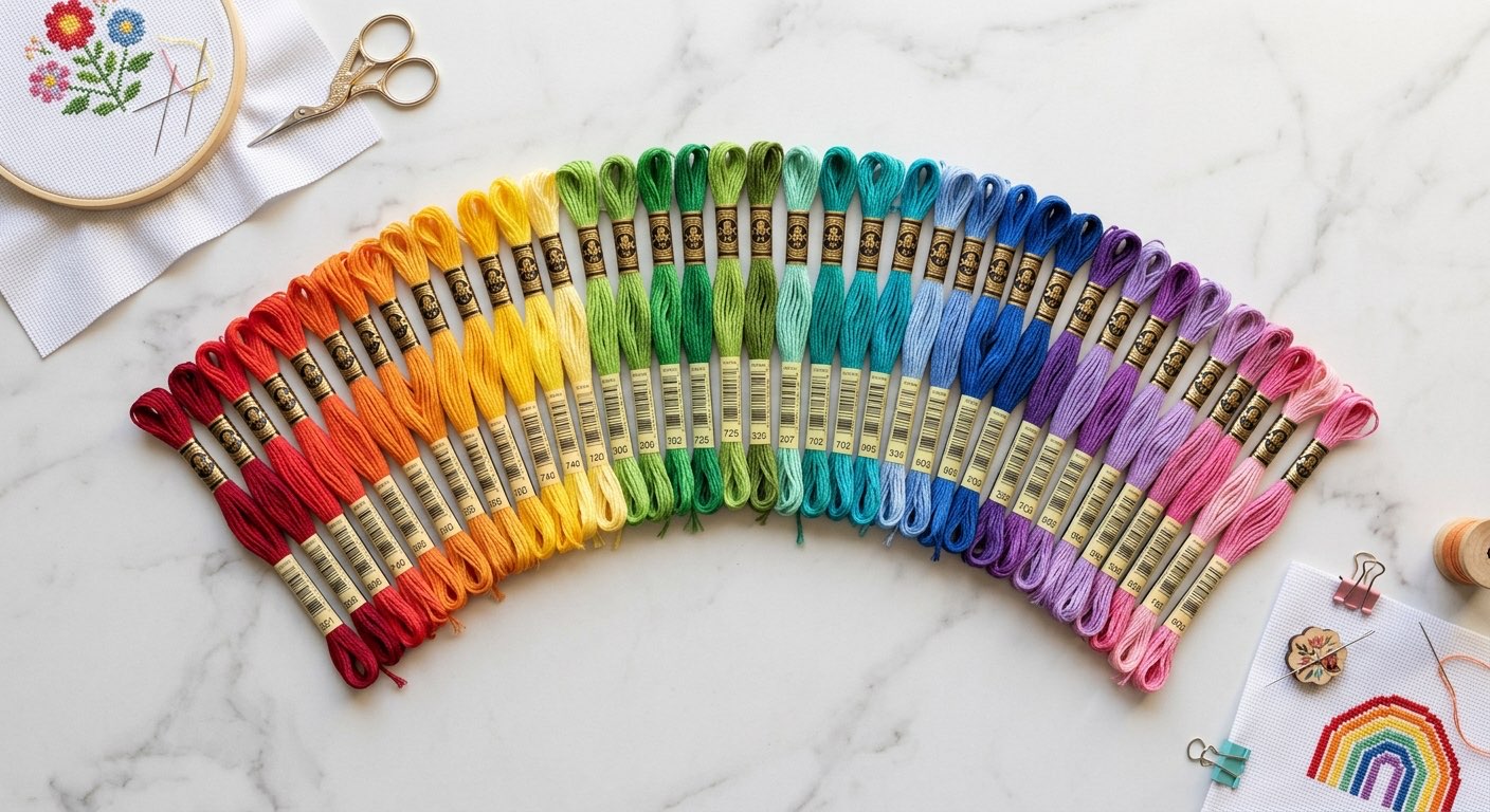 Colorful embroidery floss skeins arranged in a rainbow gradient with cross-stitch projects