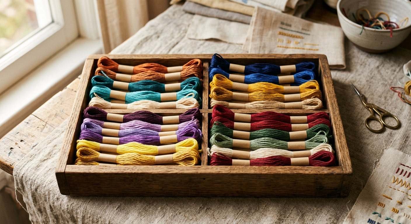 Curated embroidery floss color palettes on a wooden tray