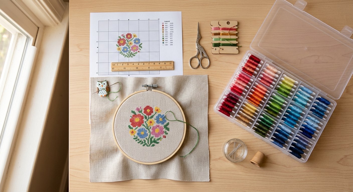 Organized cross-stitch crafting desk with tools and supplies