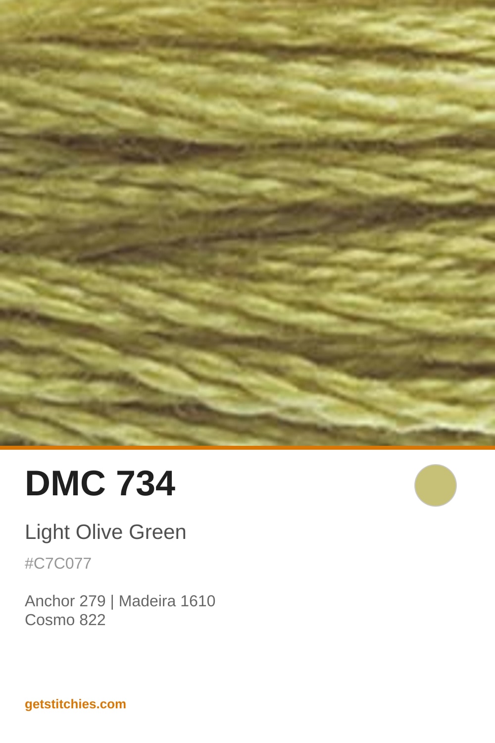 DMC 734 Light Olive Green: Anchor, Madeira & Cosmo Conversions | Stitchies