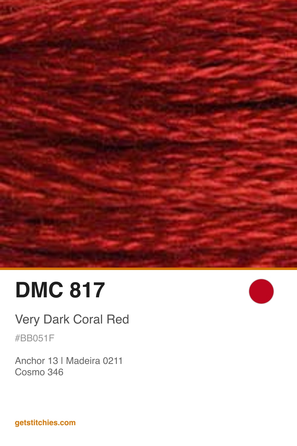 DMC 817 Very Dark Coral Red — Thread Color & Brand Equivalents | Stitchies